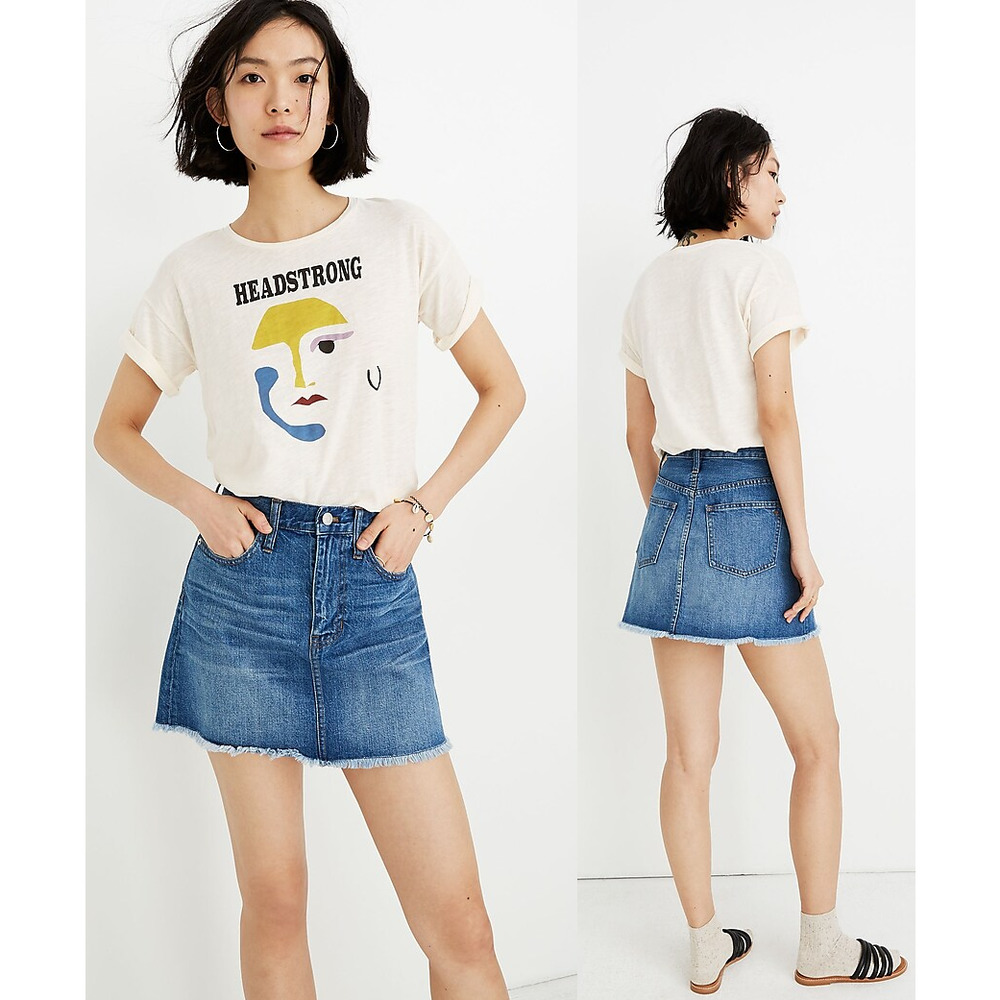 Madewell | Denim Jean Skirt with Frayed Hem Whiskering & Fading Waist 27"